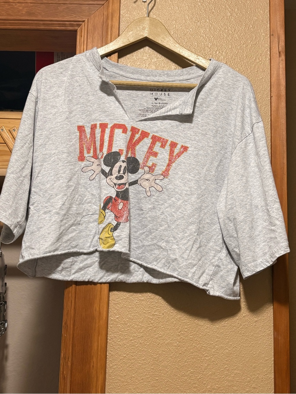 Disney Mickey Cropped Tee - Light Gray with Red and Yellow